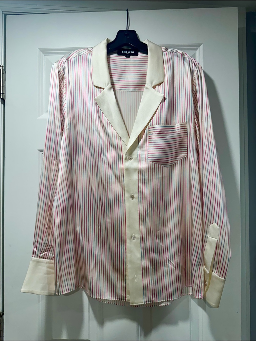 SER.O.YA Pink and Cream Striped Satin Button-Down Shirt